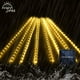 thumbnail image 3 of Luces de lluvia de meteoritos solares FloreceBien, 30 cm, 8 tubos, 144 LED, luces de meteorito azules, cadena de luces LED con forma de lluvia que cae para decoración de fiestas navideñas, patios y, 3 of 8