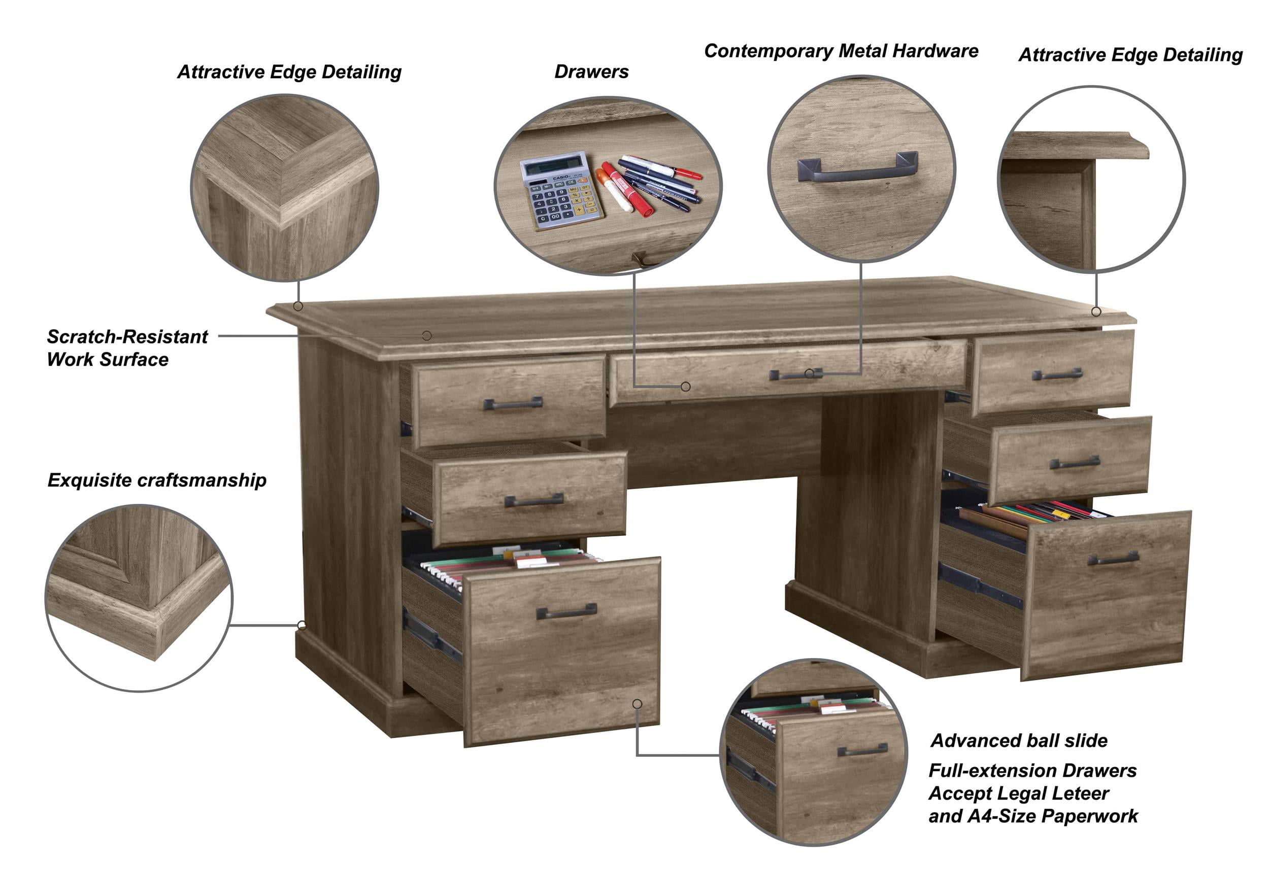 Saint Birch Honduras 65" Executive Desks in Rustic Oak