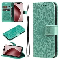 Wallet Case Designed for iPhone 16e, Slim Sunflower Embossed Magnetic Closure Card Holder Slots PU Leather Flip Stand function Cover with Wrist Strap for iPhone 16e,Green