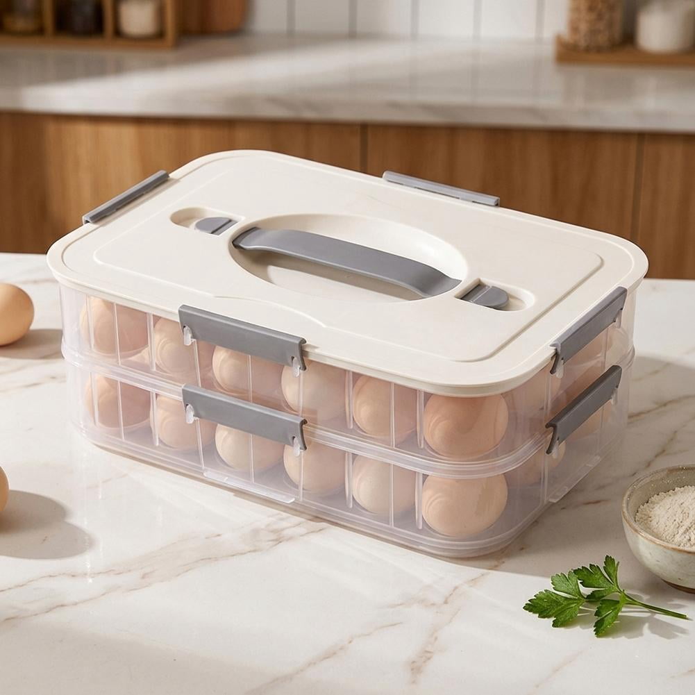 Stackable Egg Storage Container with Lid 2-Layer Plastic Holder, Leak-Proof Design with Handle and Secure Lock for Refrigerator Organization Holds Up to 36 Eggs