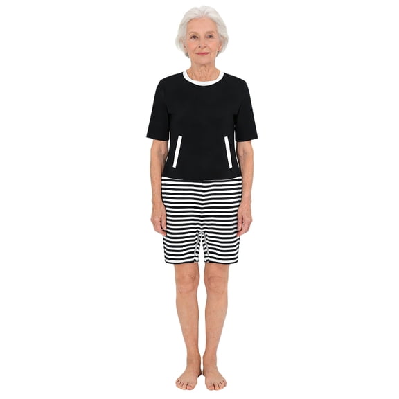 Haitryli Adult Alzheimers Women Anti-strip Jumpsuit Short Sleeve Zipper Striped Romper One Piece Nightwear Black M