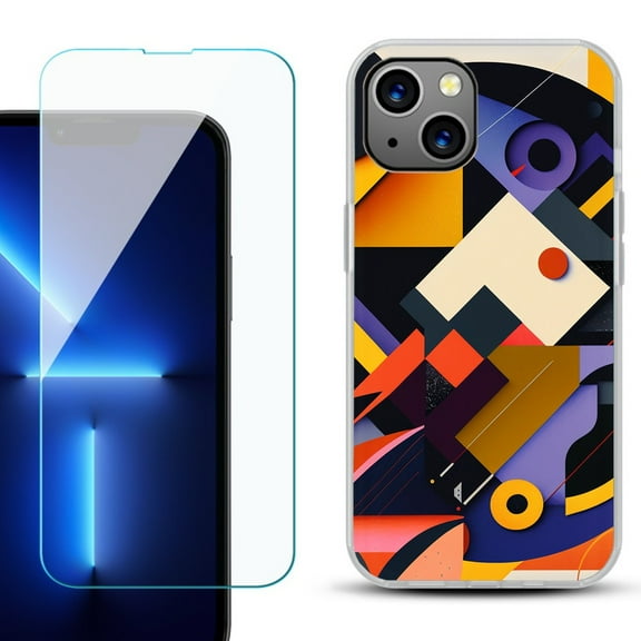 OneToughShield ® for iPhone 15 Fashion Phone Case, with Tempered Glass Screen Protector - Abstract Art