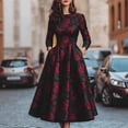 thumbnail image 4 of Women’s Black Satin Midi Dress Round Neck Three Quarter Sleeve Dress with Red Rose Print Hidden Side Pockets and Vintage Floral Style, 4 of 6
