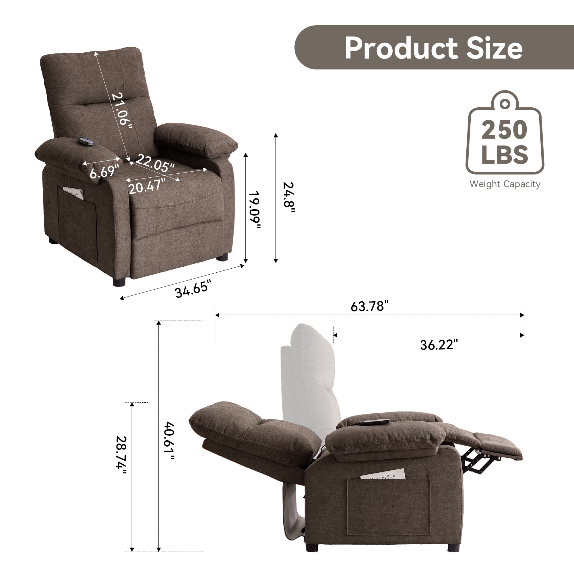 NEW Recliner Chair: Manual Push Back Reclining Chair with 8-Point Massage & Heating, Plush Chenille Fabric & Remote Control, Side Storage Pockets for Living Room, Bedroom, Brown