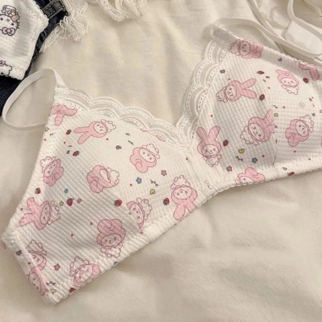 Ropa interior de Sanrio Hello Kitty para niñas, conjunto de sujetador con copa triangular fina y bonito dibujo animado, lencería de encaje estética Y2k, bragas kawaii para mujer