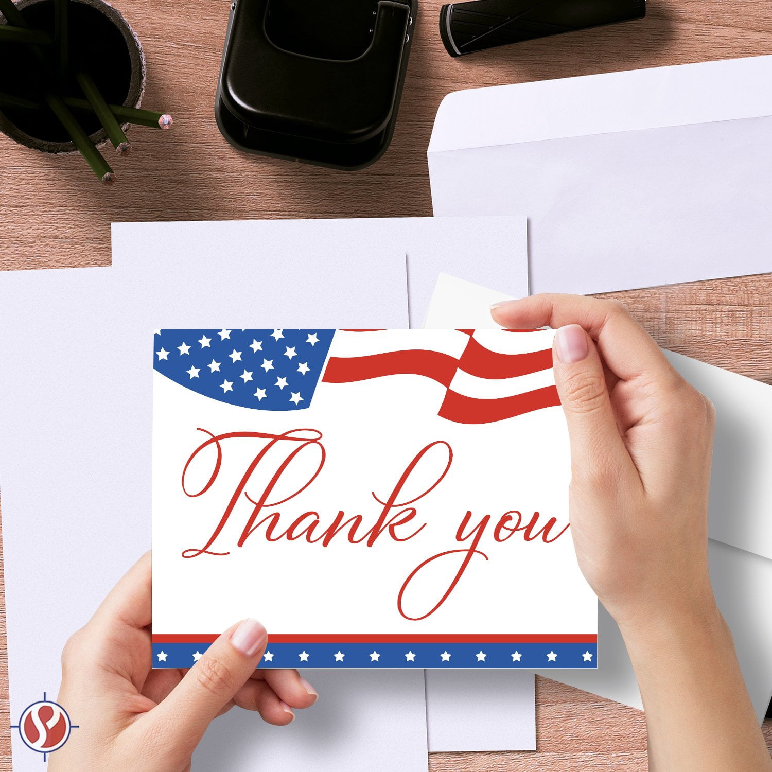 Patriotic Thank You Cards with Envelopes, American Flag July 4th USA Greeting Cards | A2 Size – 4.25 x 5.5” Cards When Folded | 80lb (216gsm) Cardstock | 25 Cards and 25 Envelopes Per Pack