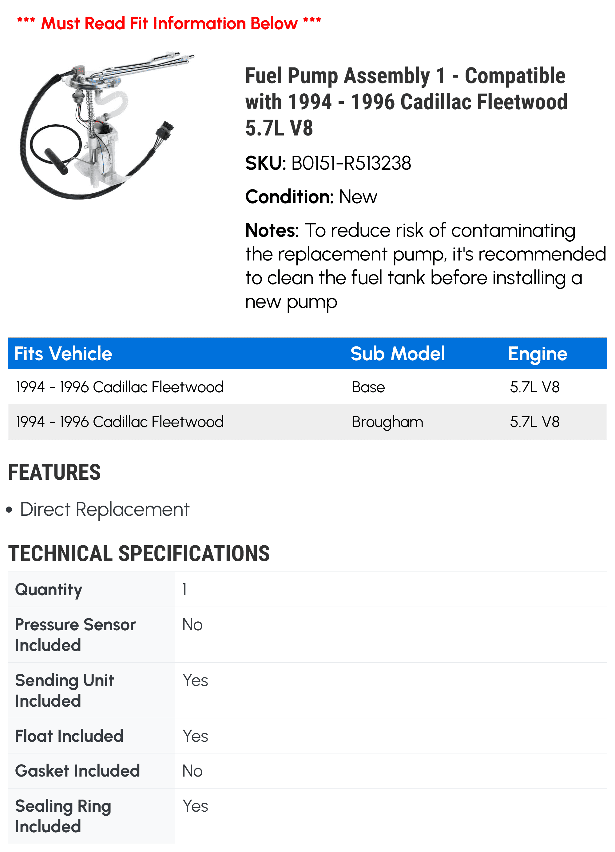 Fuel Pump Assembly 1 - Compatible with 1994 - 1996 Cadillac Fleetwood 5.7L V8 - Autopart Premium