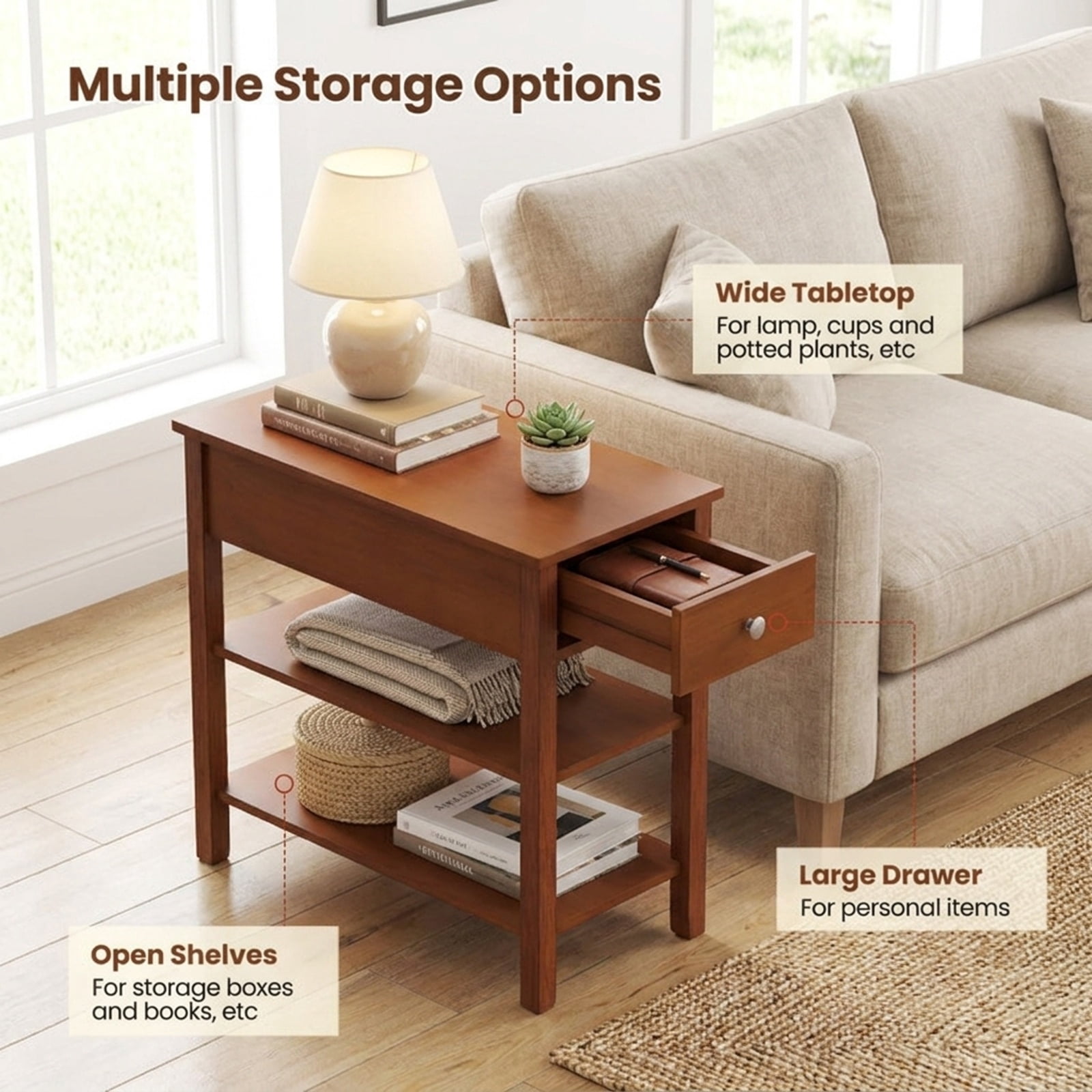 Furnibear 3 Tier Narrow End Table Set of 2 with Pull Out Drawer and Open Storage Shelves and Rubber Wood Legs for Living Room, Brown