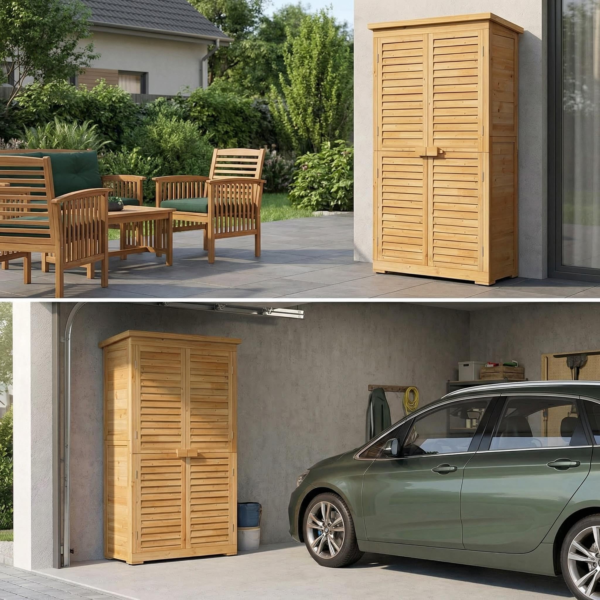 63.2" Outdoor Storage Cabinet, Lofka  Lockable Doors Garden shed with Adjustable Shelves| Asphalt Roof| Ventilate Shutter, Wood Shed with Large Storage Space, Waterproof Roof for Garden, Natural