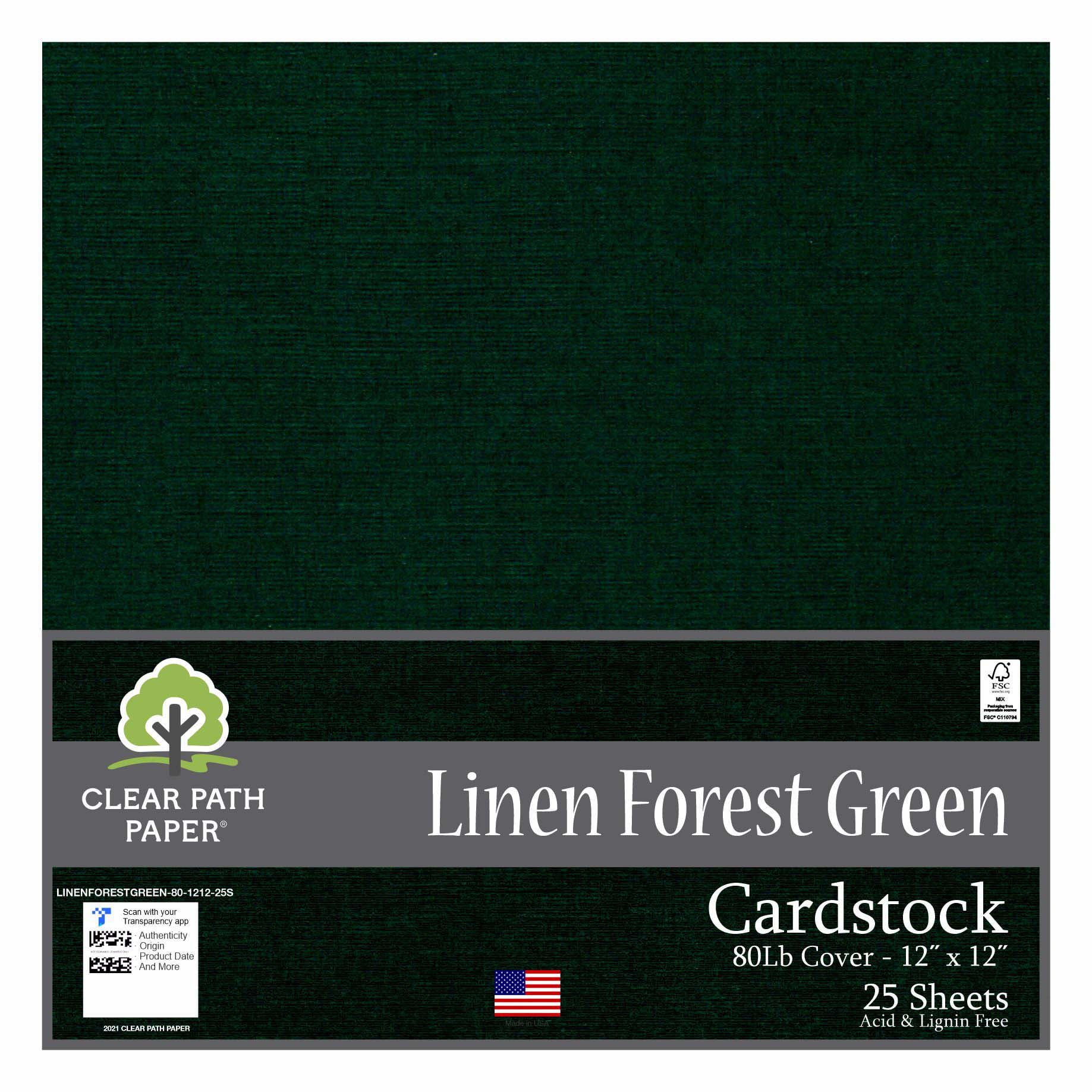 Linen Forest Green Cardstock 12 x 12 inch 80Lb Cover 25 Sheets
