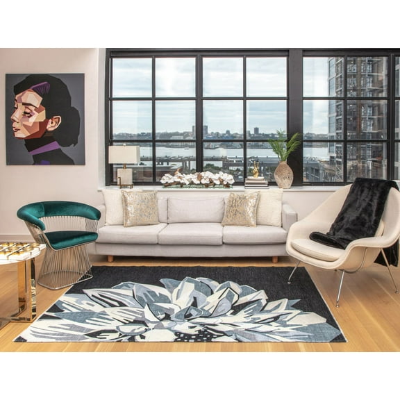 Elizabeth Sutton MI35D Twilight Dahlia Floral Modern Black Area Rug, 2'7" x 4'