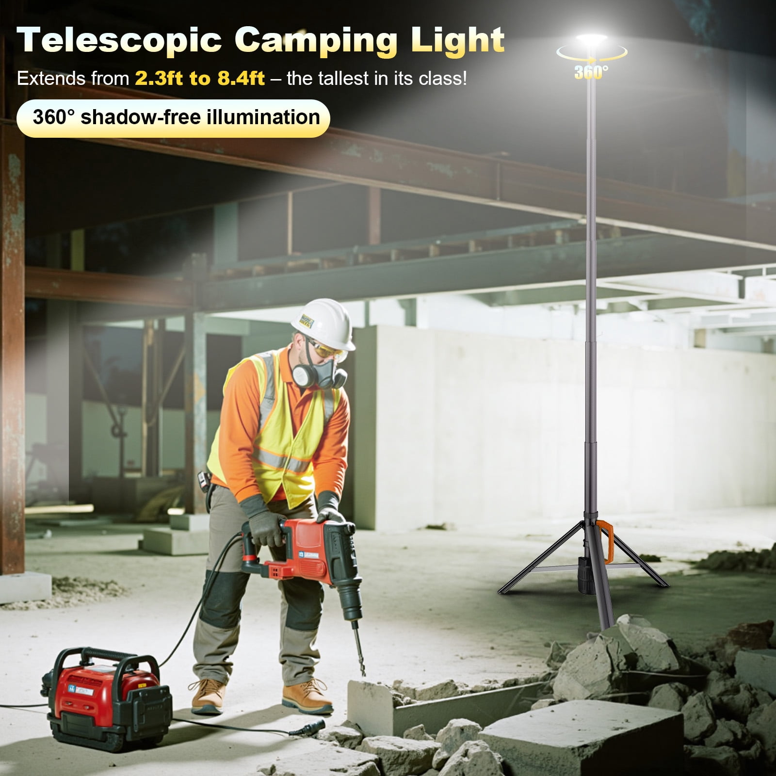 SideKing 360° Rechargeable Camping Light with Remote &Tripod Stand (8.4Ft) 3000LM LED Work Light 6000mAh Battery Ultra Bright 3CCT Dimmable Portable Telescopic Camp Light for Outdoor, Jobsite