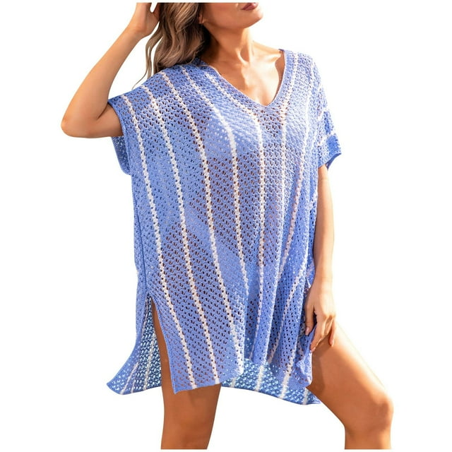 Plebaso Robe de Plage Rayée pour Femmes, Col en V, Fendue sur le Côté, Crochet