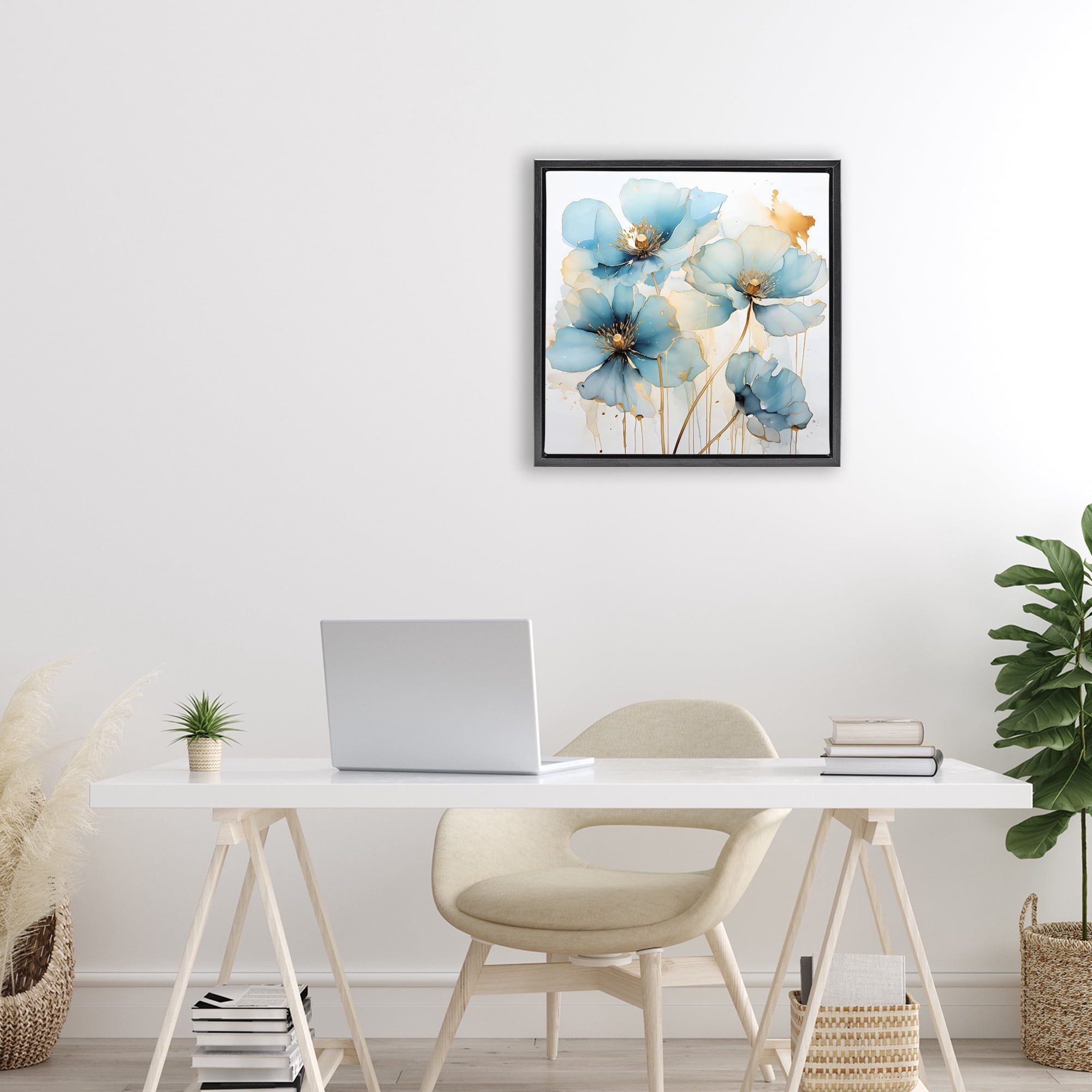 Stupell Industries Sapphire and Gold Florals Black Framed Floater Canvas Wall Art, design by Creative Studio