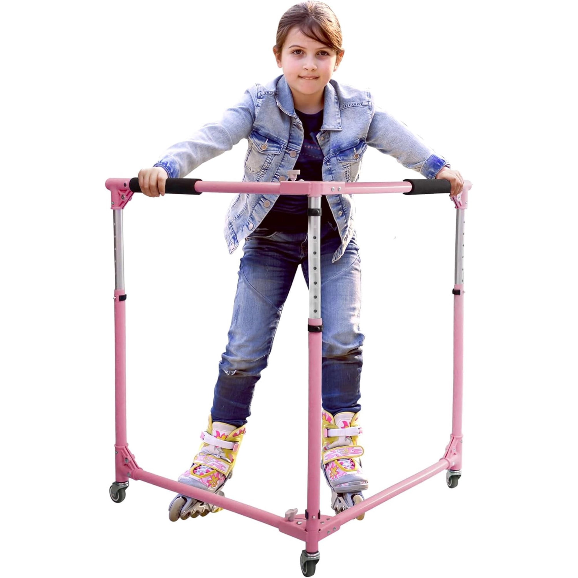 GanFindX Folding Kids Roller Skate Trainer, Adjustable Height Training Walker Skater Aid with Silent Casters for Toddlers, Pink