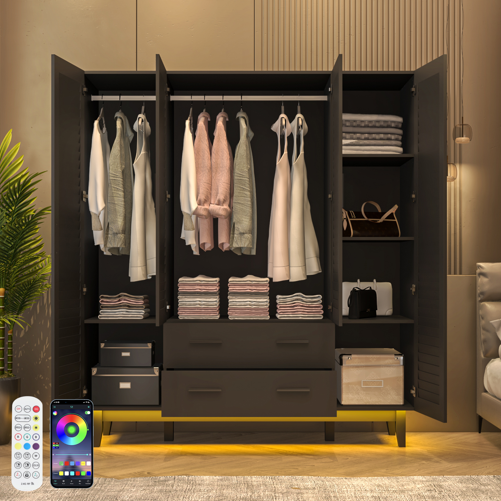 Blotout 70" Armoire Wardrobe Closet with Mirror & LED Lights, 4 Door Wardrobe Armoire with 2 Large Drawers, LED Wood Armoire Storage with Hanging Rods and Multi-Layer Shelves(Black)