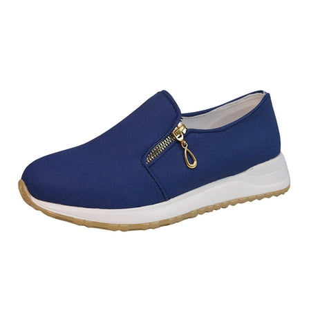 

ZAROYEAX Ladies Fashion Solid Color Cloth Side Zipper Round Toe Flat Casual Sports Shoes