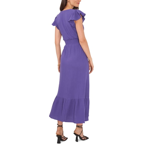 VINCE CAMUTO Womens Purple Textured Ruffled Smocked Waist Pullover Flutter Sleeve V Neck Tea-Length Shift Dress S