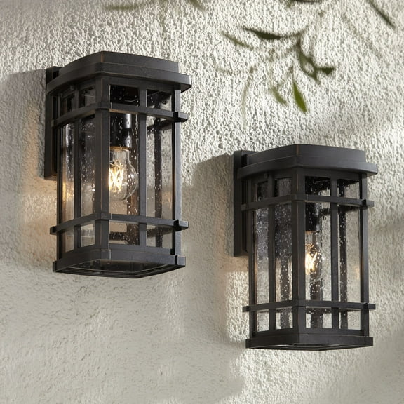 John Timberland Neri Mission Industrial Outdoor Wall Light Fixtures Set of 2 Oil Rubbed Bronze 12 1/2" Clear Seedy Glass for Exterior