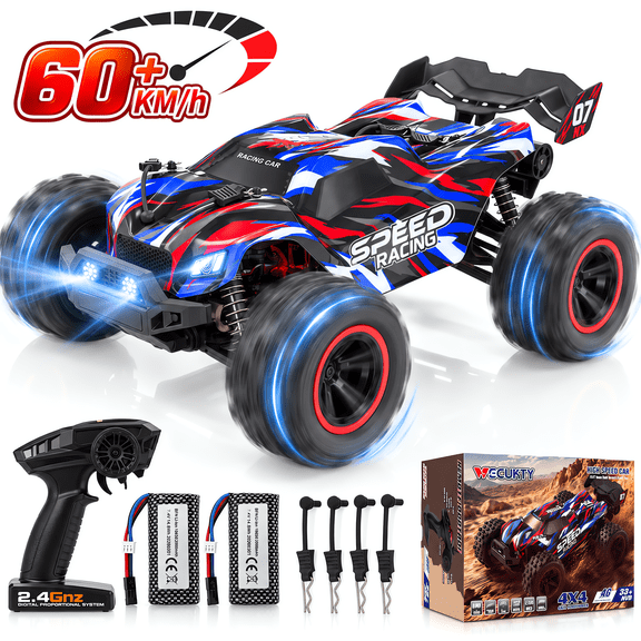 Vecukty 1:14 4WD All-Terrain RC Off-Road Car, 55 KM/H High Speed, Water Resistant Chassis, Independent Suspension, Deep Tread Tires, Dual Rechargeable Batteries, 2.4GHz Anti-Interference Remote, LED