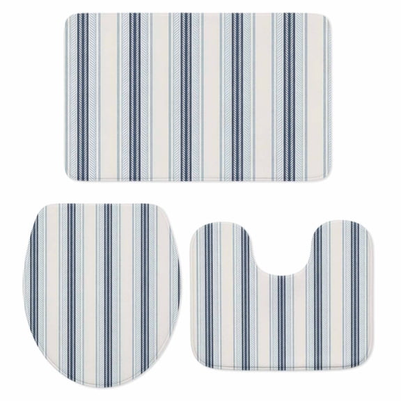 Blue Beige Bath Mat 3 Piece Bathroom Rug Set, Modern Abstract Gradient Vertical Stripes Non Slip Bath Rug Contour Mat and Toilet Lid Cover, Absorbent Shower Mats Soft Bath Rugs and Mats Sets