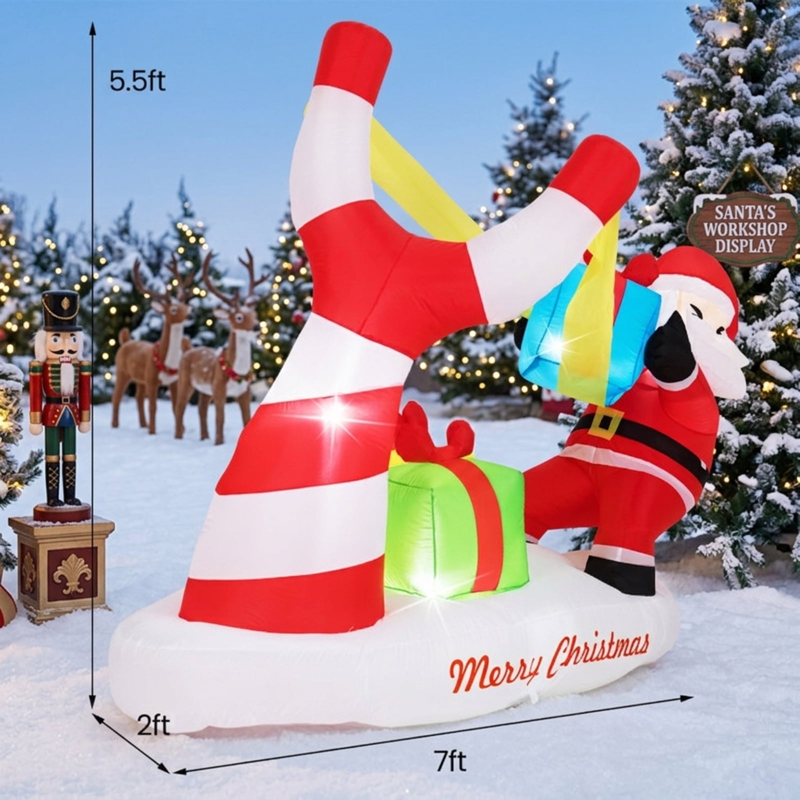 RUIE 7 FT Christmas Inflatables Santa with Slingshot, Blow Up Santa with Gift Boxes and LED Lights, Outdoor Yard Decor for Lawn Garden - Multicolor