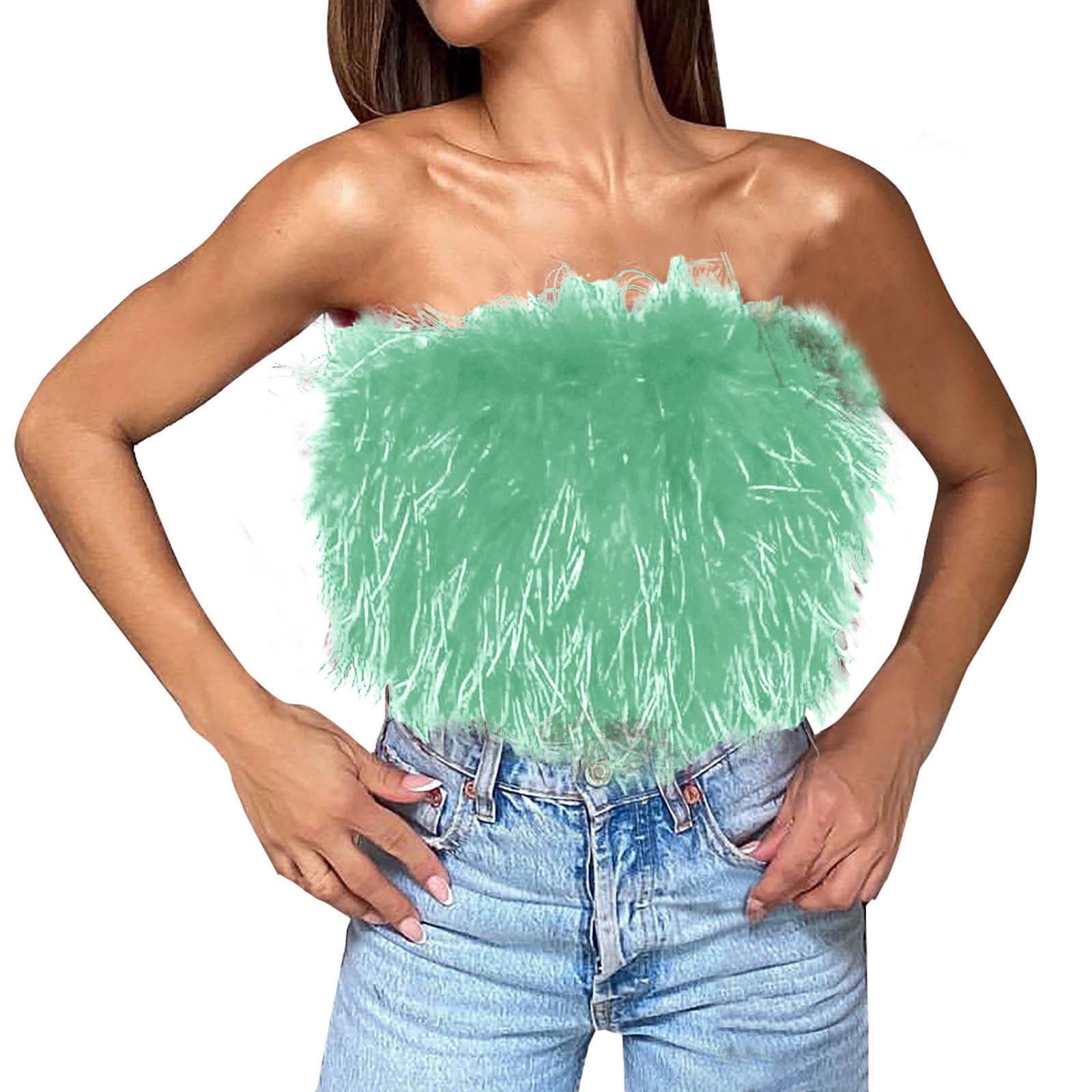 YYDGH Sexy Tube Top for Women Faux Fur Feather Strapless