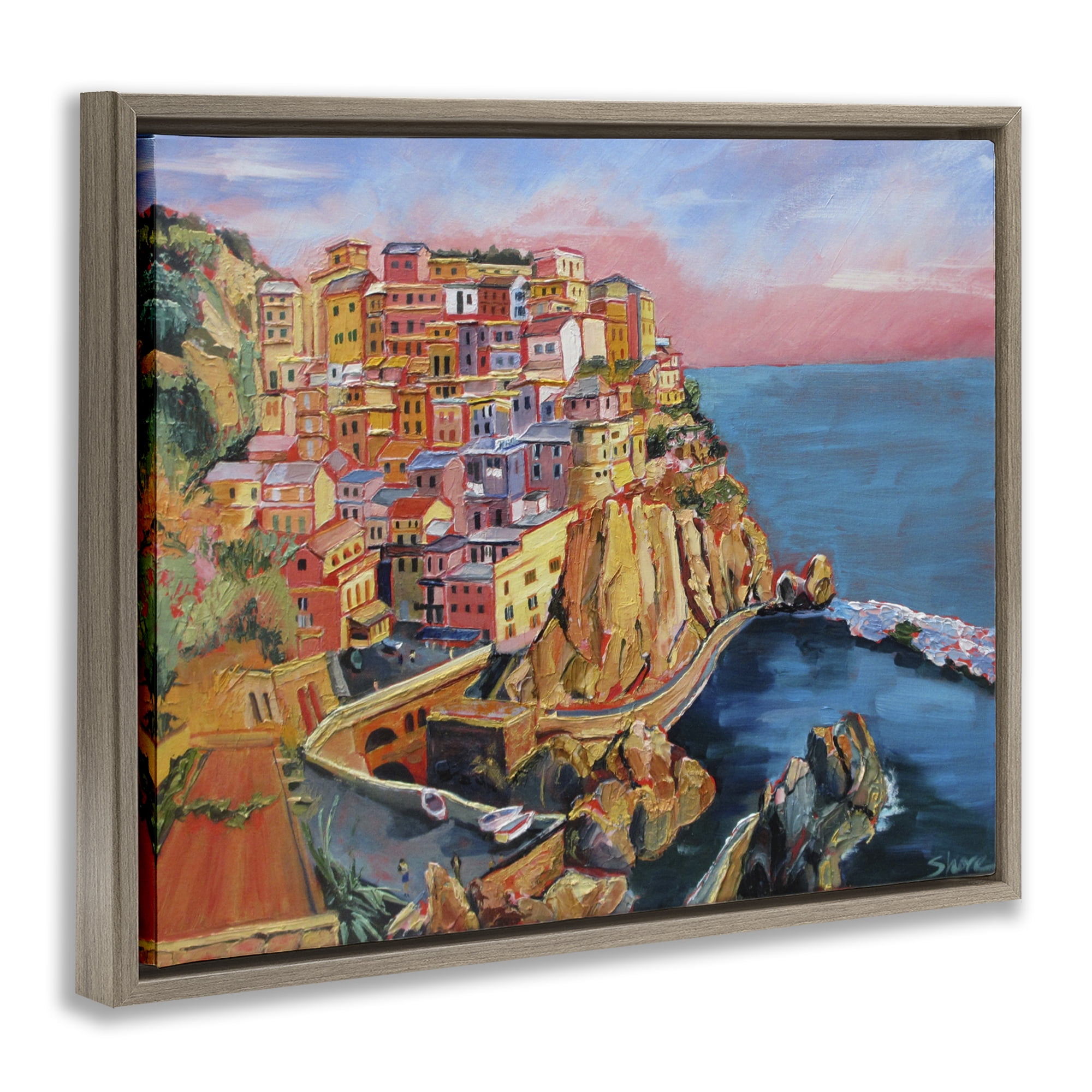 Stupell Industries Cinque Terre Seascape Architecture Brown Framed Floater Canvas Wall Art, design by Maxine Shore