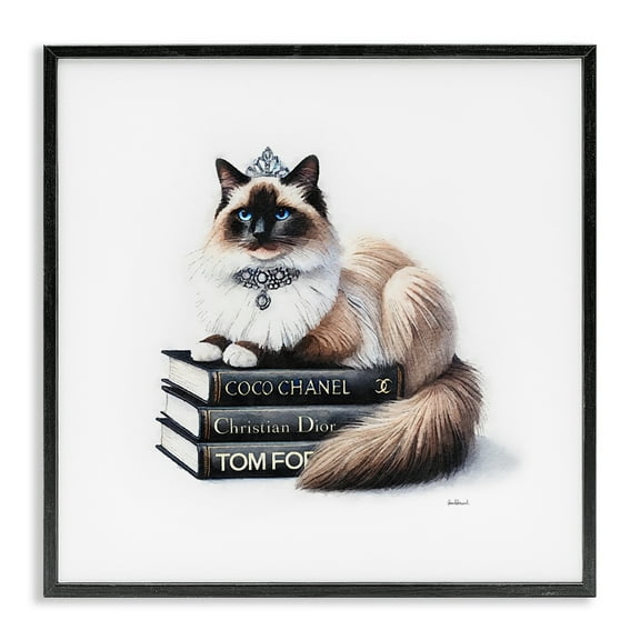 Stupell Industries Elegant Glam Cat & Books Animals Painting Black Framed Art Print Wall Art, 12 x 12