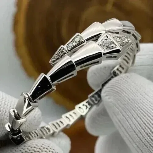 Women's Snake Bangle Bracelet 3 Ct Round Cut White Moissanite 14K White Gold Plated