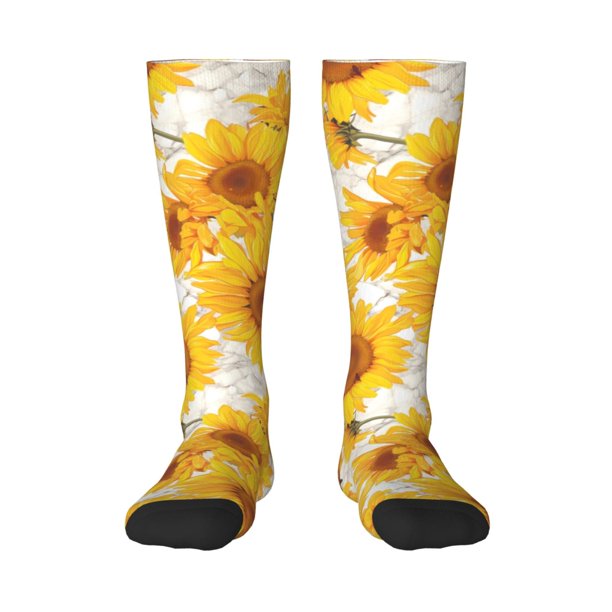 Fotbe White Marble Pattern Sunflower Calcetas Divertidas Estampadas para Hombre y Mujer, Calcetas de Algodón hasta la Rodilla para Caminar, Correr, Enfermería y Embarazo