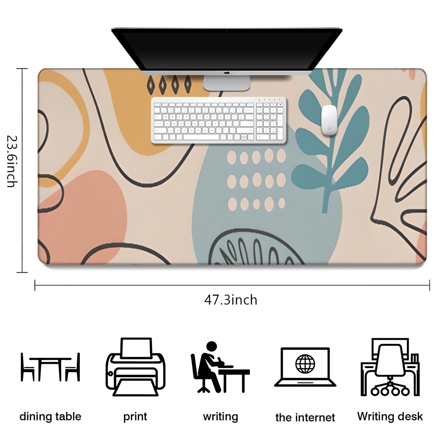 Long Mouse Pads for Desk,Orange Boho Abstract and Plant Pattern Desk Mats on Top Of Desks, Desk Mouse Pad Extra Large with 3mm Non-Slip Base and Stitched Edge for Gaming,Office,Work,Home 47.3"x23.6"