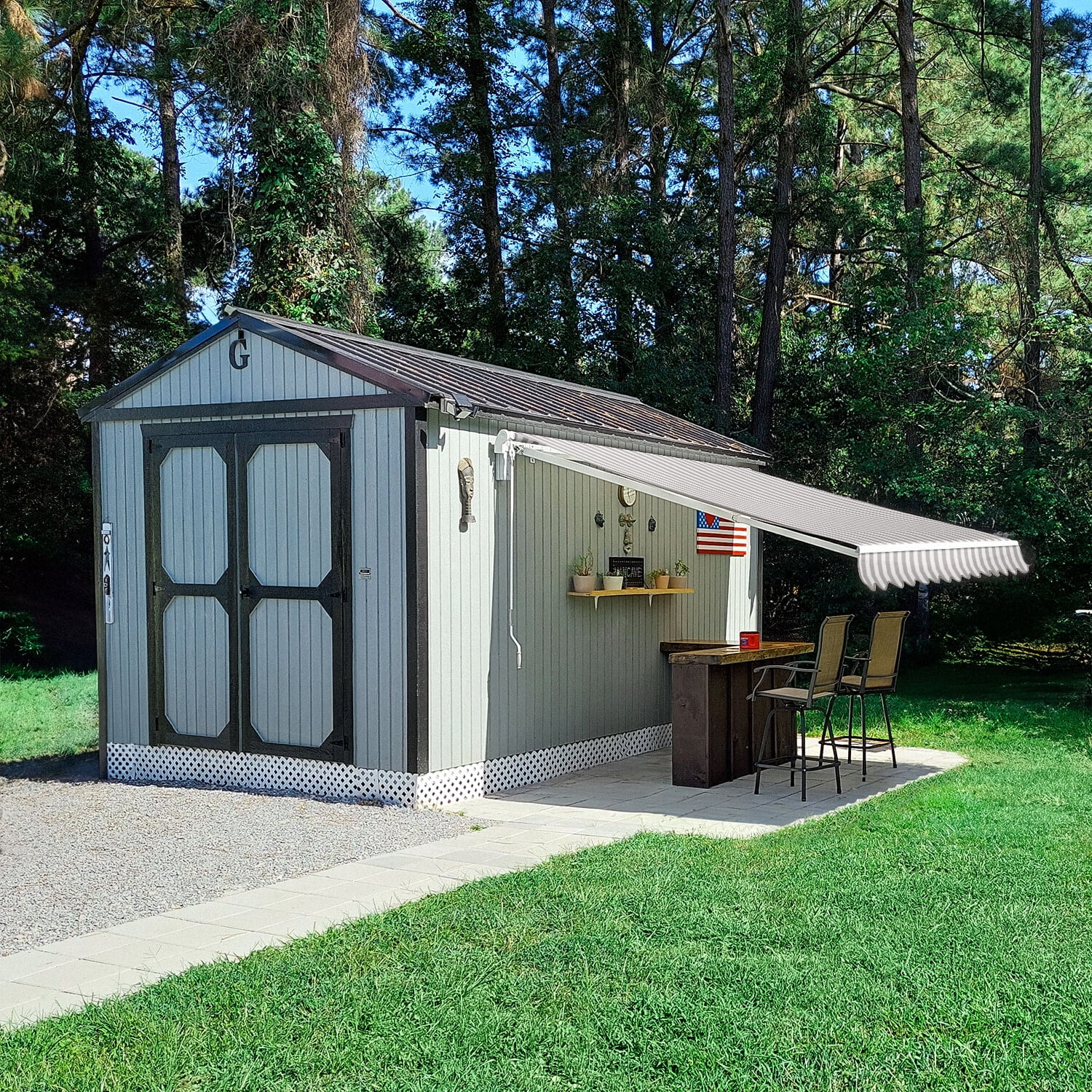Awntech 10 Ft California Medium Duty Manual Retractable Patio Fixed Awning (120in x 7.88in x 96in), Gray/White Stripe