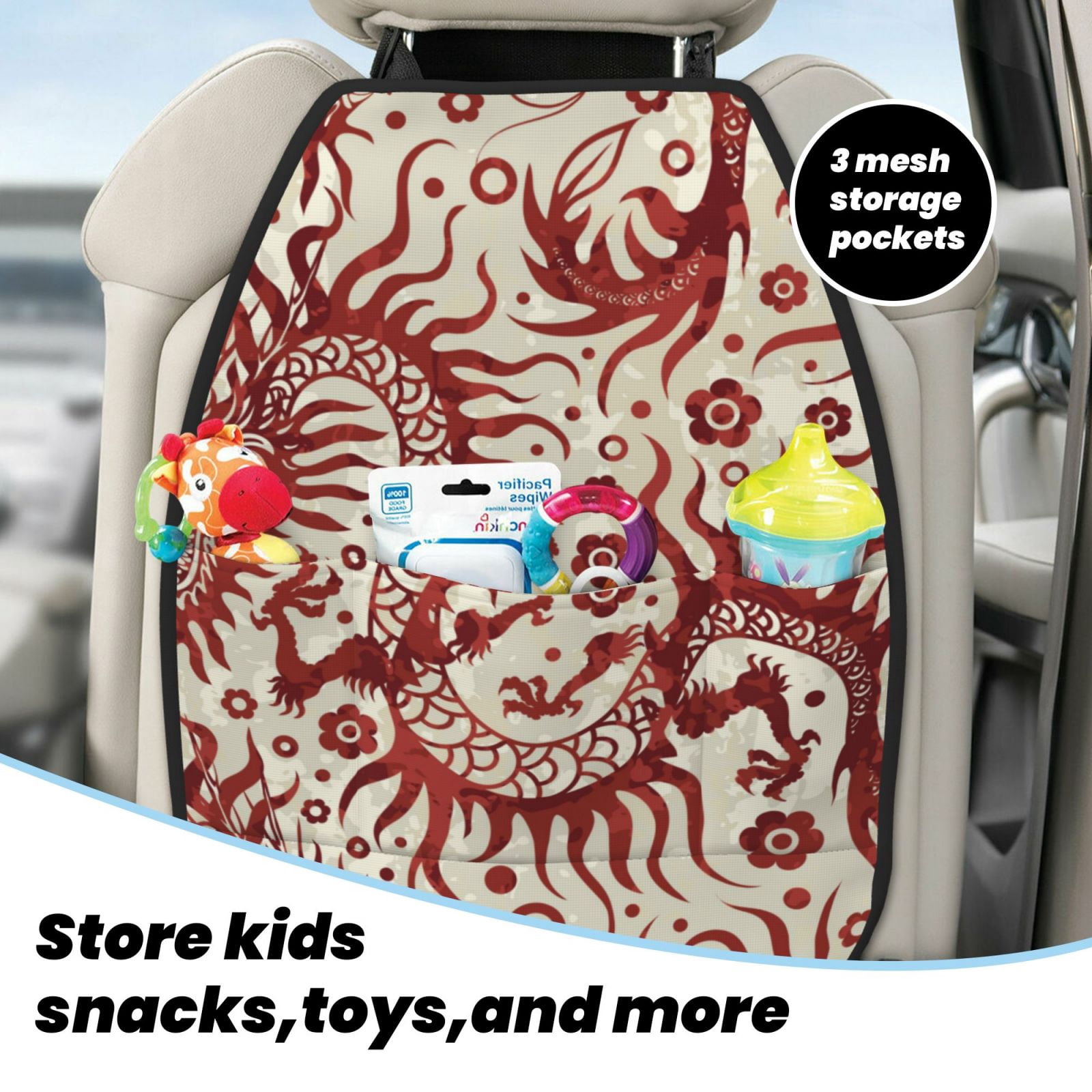 Xecao Dragons1 Pattern Car Seat Back Protector 2 Pack Large Capacity Pocket, Kick Mats Back Seat Protector