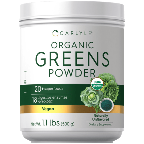 Organic Greens Powder | 17.6 oz Supplement  | with 20  Superfoods, 18 Digestive Enzymes, and Prebiotics | by Carlyle