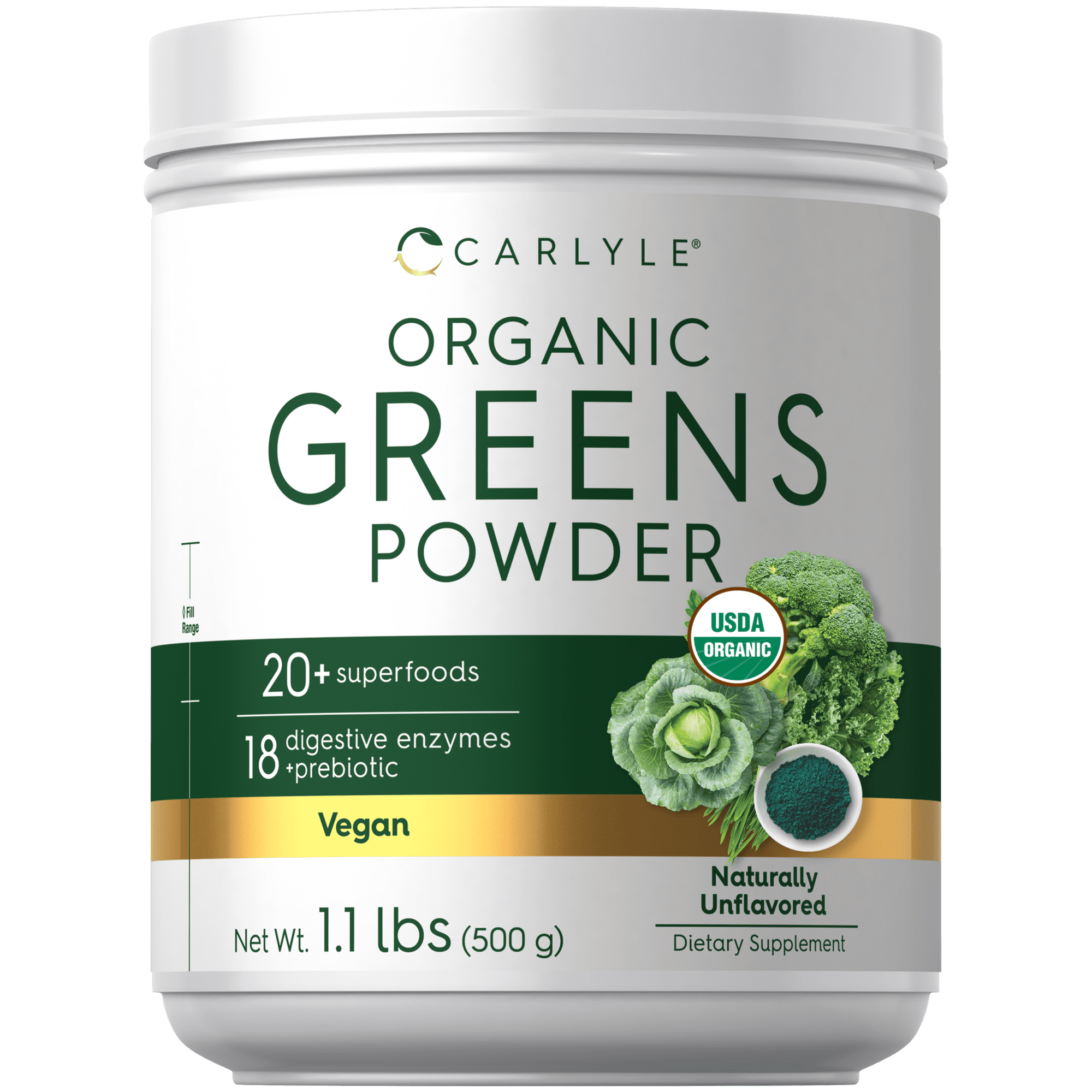Organic Greens Powder | 17.6 oz Supplement | with 20+ Superfoods, 18 Digestive Enzymes, and Prebiotics | by Carlyle