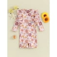 thumbnail image 2 of FEORJGP Toddler Baby Girl Swimsuits Infant Summer Swimwear Long Sleeves Jumpsuit Crew Neck Bodysuit Floral Print Ruffles Romper Kids Girls Bathing Suits Beachwear, 2 of 9