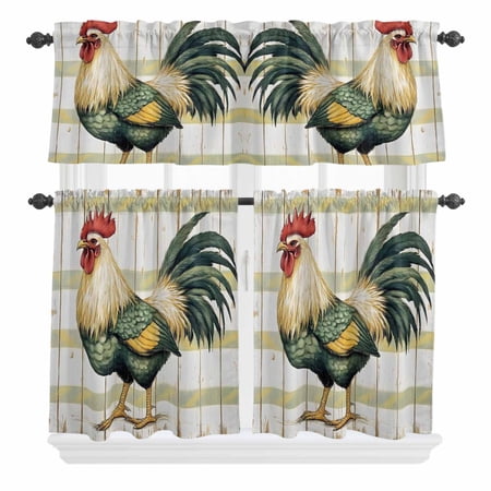 3 Piece Kitchen Curtains and Valances Set Sage Green Rooster Cafe Curtains 24 Inch Length Vintage Animals Wooden Watercolor Valance & Tier Curtain for Living Room Bedroom Window 54 x18 +27 x24 *2