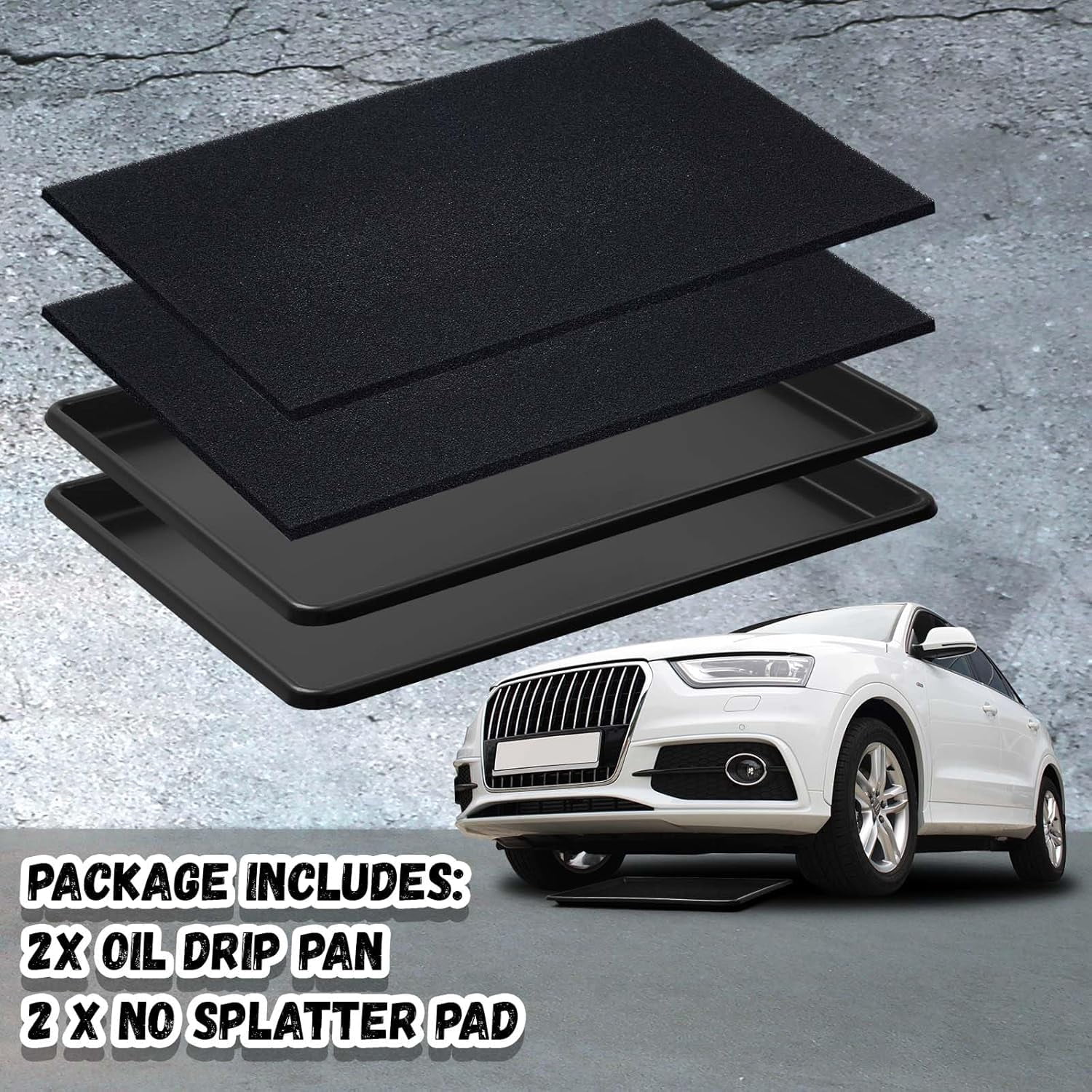 2 Sets 27'' x 20''x 1.4'' Oil Drain Drip Pan for Car with Square No Splatter Pad Oil Drip Tray with Mat for Under Car Transmission Garage Automotive Driveway to Keep Floor Clean, Black