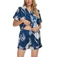 thumbnail image 2 of INSPIRE CHIC Women's Satin Pajama Sets Button Down Shirt and Shorts 2 Pcs Floral Loungewear L Blue Leaves, 2 of 5