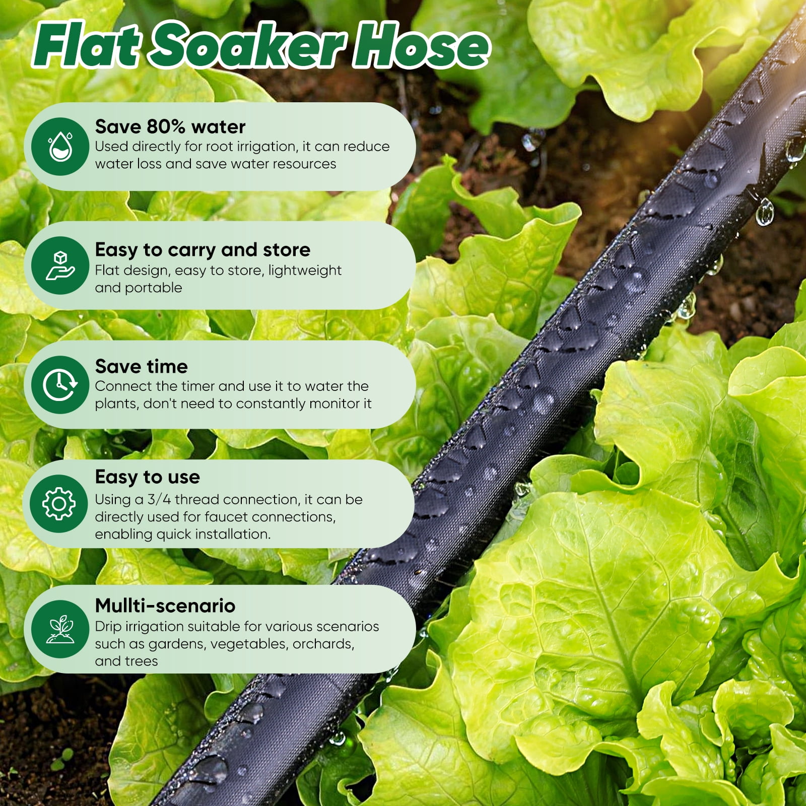 Soaker Hose 50 ft, Save 80% of Water for Drip Irrigation System, Leakproof and Flexible Double Layer, 1/2 Linkable Consistent Drip Hoses