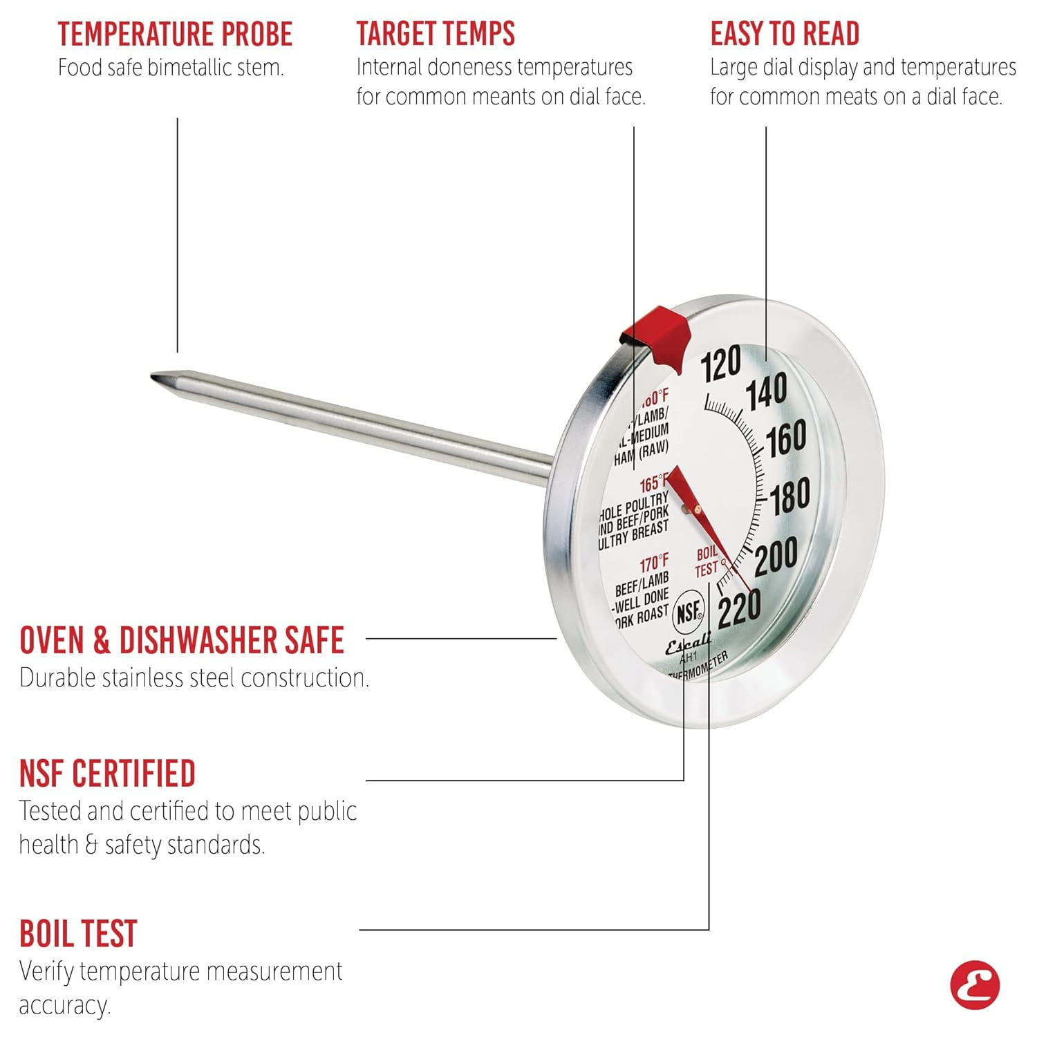 Escali AH1 Stainless Steel Oven Safe Meat Thermometer, Extra Large 2.5-inches Dial, Temperature Labeled for Beef, Poultry, Pork, and Veal Silver NSF Certified