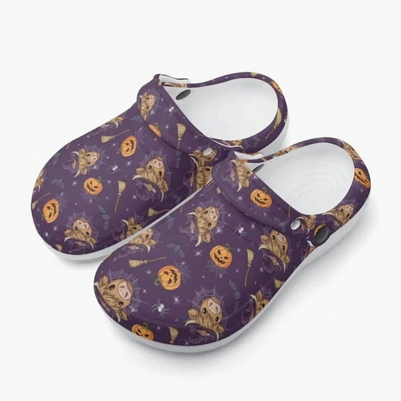 Children's Halloween Clogs with Highland Cow – Purple Girls' Shoes with Pumpkin & Witch Motif – Funny Autumn Slippers – Gift for Children