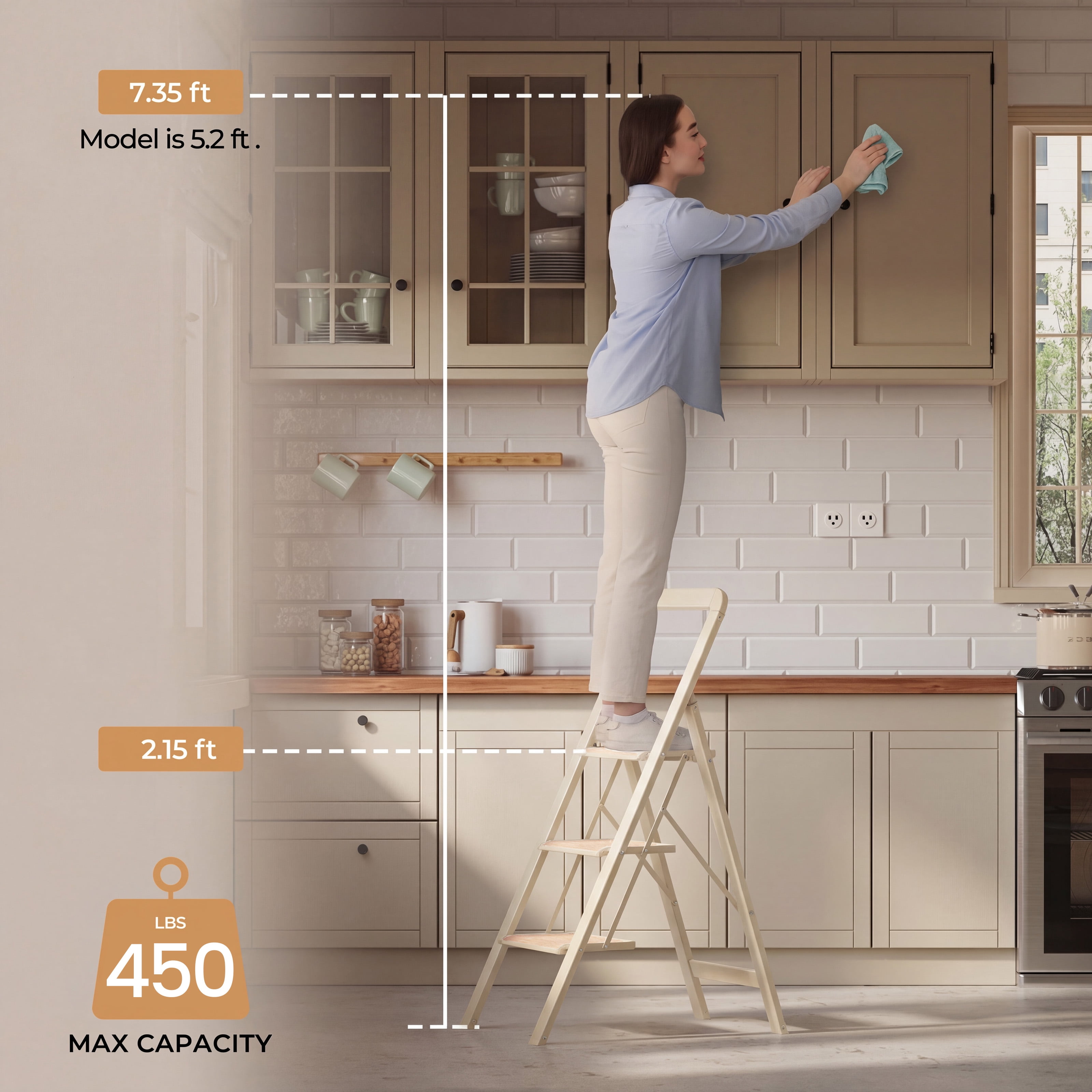 3 Step Folding Ladder 450 lbs Capacity Aluminum Alloy with Handrails Non-Slip for Home Kitchen Garage