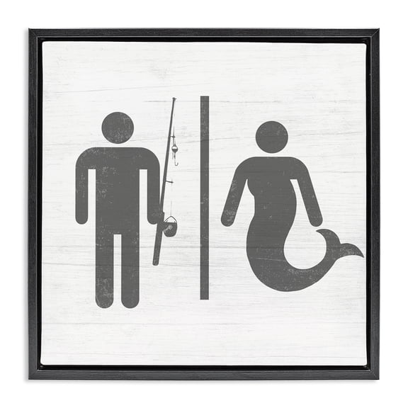 Stupell Industries Coastal Fisherman or Mermaid Bathroom Black Floating Frame Canvas Art, 18 x 18, by Lil' Rue