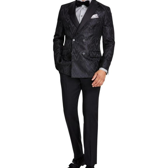 Tallia Mens Slim Fit Chevron Sport Double Breasted Blazer Jacket, Black, 44 Short