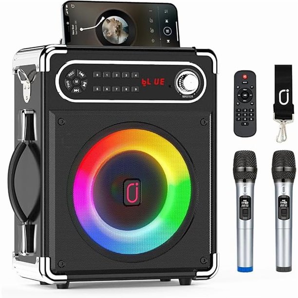 wonima11 Bluetooth Speaker with Two Wireless Microphones, Outdoor Speaker with Subwoofer/Tweeter, Portable PA Speaker System with Remote Control, Discol Lights, FM, REC for Home, Party