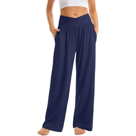Up to 20% off! Hontri Plus Size Panties Women s Wide Leg Casual Loose Pants Yoga Sweatpants Comfy High Waisted Pajama Flowy Pants with Pockets