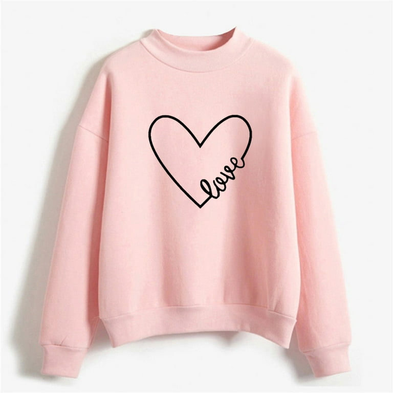 RQYYD Valentine's Day Sweatshirts For Women Love Heart Print Sweatshirt  Casual Loose Crew Neck Graphic Pullovers Tees Pink L 