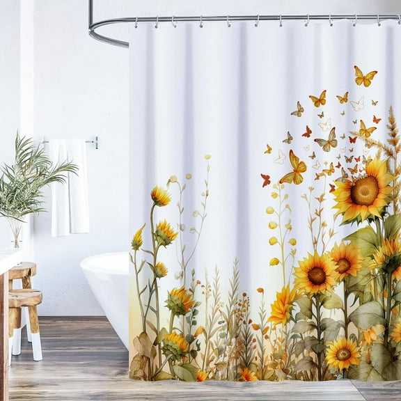 Autumn Sunflower Butterfly Shower Curtain Set,Bathroom Decor for Rustic Floral Warm Cute Style Waterproof Polyester Fabric Shower Curtain with 12 Hooks, 72x72 inches